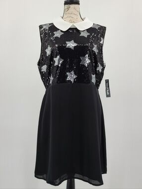 Modcloth Black Sequin Star A Line Dress with White Collar Size 16